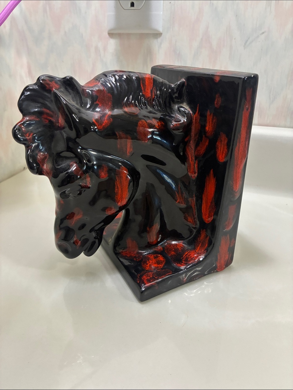 Vintage Ceramic orange and black horse book end